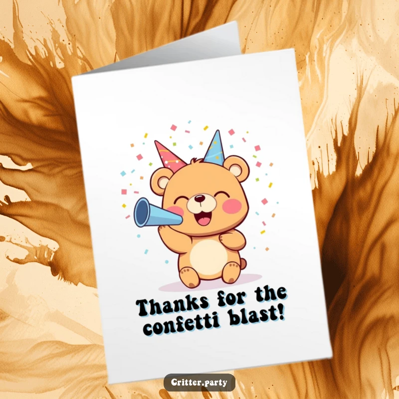 Funny Free Printable Thank You Card: A smiling bear blowing colorful confetti from a party horn, a downloadable thank you surprise.