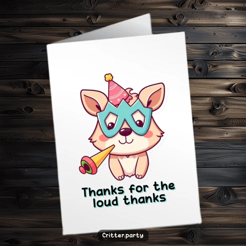 Funny Free Printable Thank You Card: A cheerful animal in a silly mask blows a party horn, a fun thank you.
