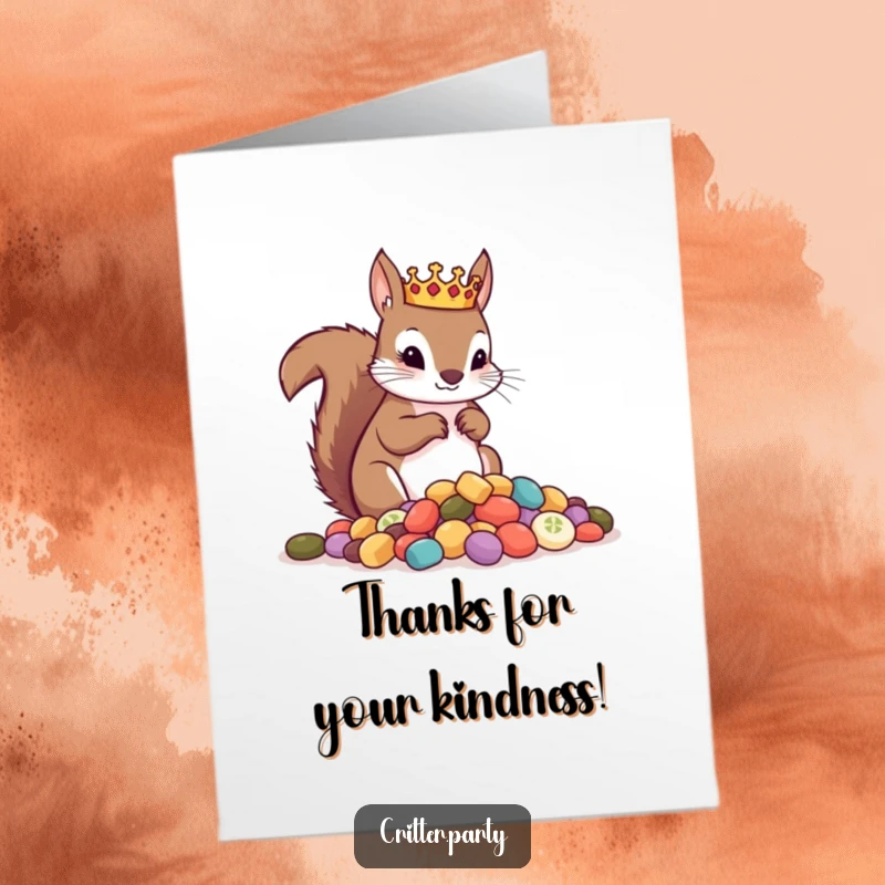 Funny Free Printable Thank You Card: A curious squirrel in a tiny crown, eyeing a pile of treats with gratitude.
