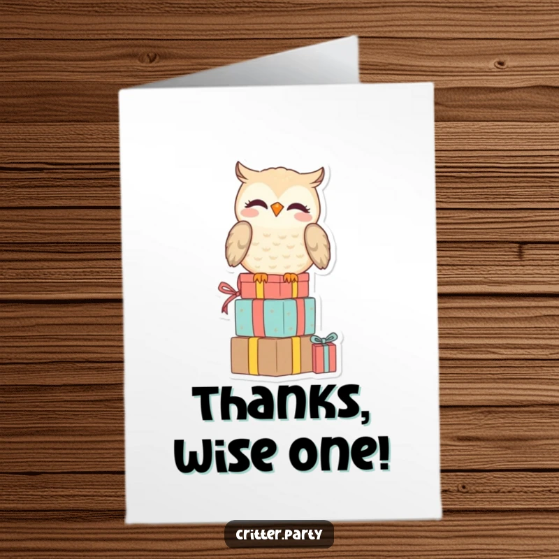 Funny Free Printable Thank You Card: A smiling owl sits amused on a pile of presents, conveying thanks.