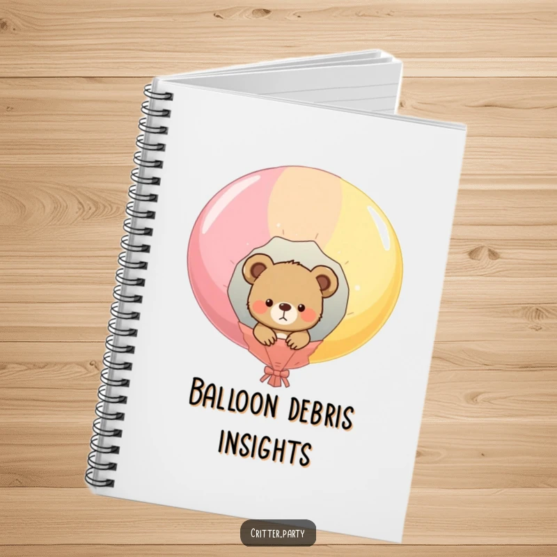 Funny notebook with a curious bear cub peeking out of a popped balloon on the cover, ideal for journaling and creative writing.