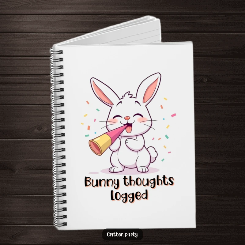 Funny giggling bunny blowing a party horn with confetti flying, a cute and humorous notebook.