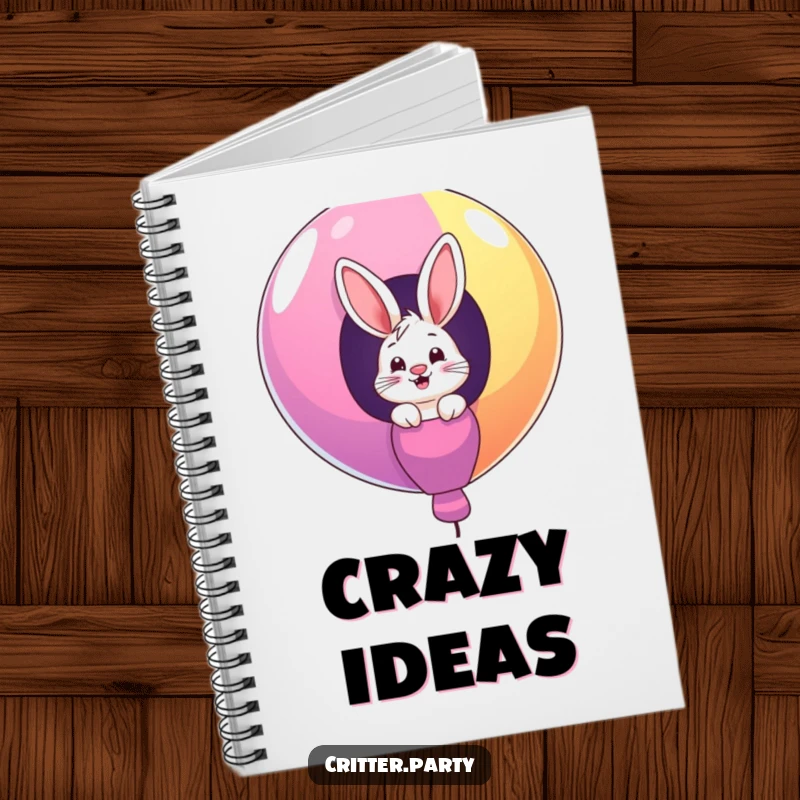 Funny notebook with a giggling bunny character peeking out from a giant, colorful balloon, designed for capturing playful thoughts.