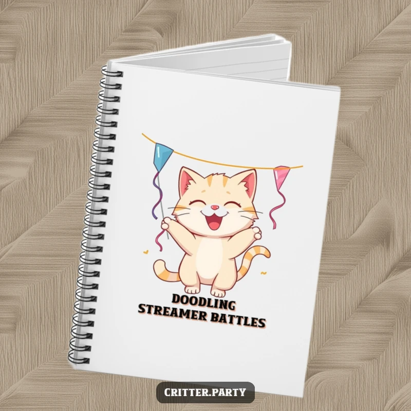 Funny cat notebook cover with a smiling cat batting playfully at a dangling party streamer, perfect for jotting down fun ideas.