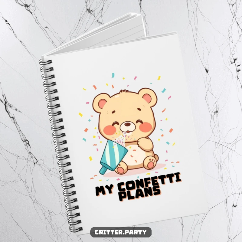 Funny bear cub notebook cover blowing confetti from a party popper, showcasing a happy celebration and perfect for jotting down funny thoughts.