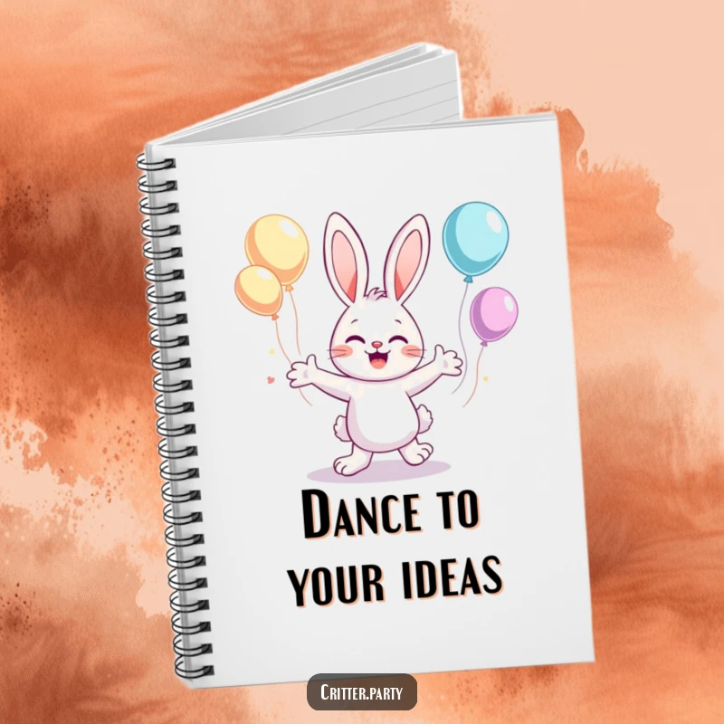 Funny notebook cover with a cute bunny character dancing with flailing arms, surrounded by floating balloons, inspiring creativity.