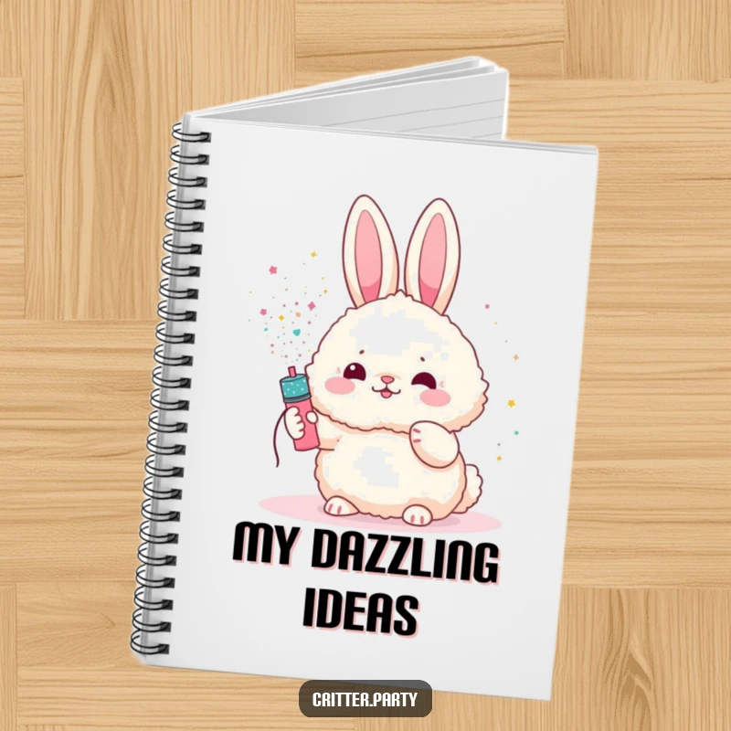 Funny bunny notebook featuring a fluffy bunny character showered with glitter from a party popper, ideal for note-taking.
