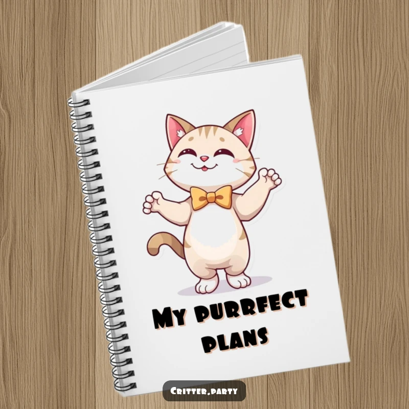 Funny notebook featuring a happy cat in a bow tie, striking a dance pose, ready to capture brilliant thoughts.
