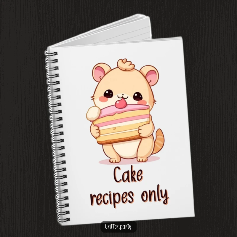 Funny notebook cover featuring a cute critter holding a comically large slice of cake, inspiring sweet thoughts.