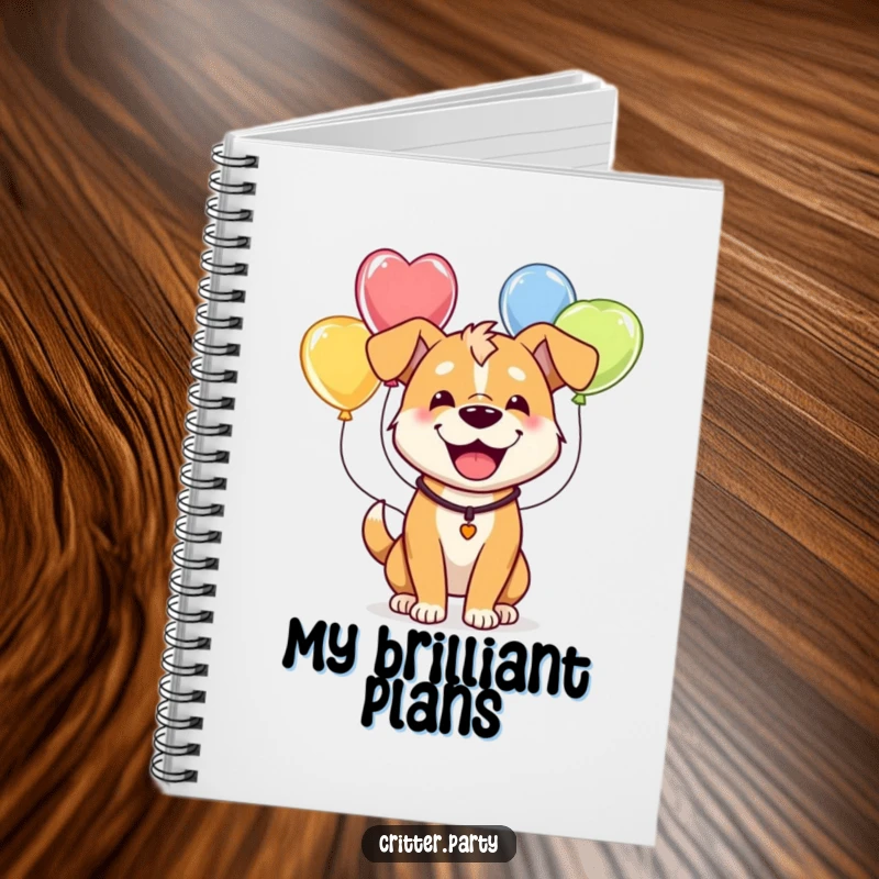 Funny notebook showcasing a happy dog humorously adorned with colorful balloons, perfect for jotting down cheerful thoughts.