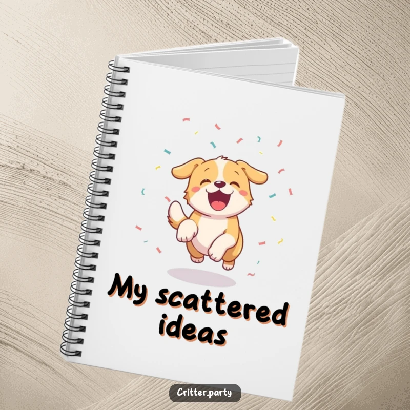 Funny excited dog chasing a stream of confetti with a wagging tail, featured on the cover of a notebook for happy notes.