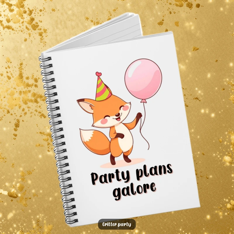 Funny notebook: A happy fox in a party hat dancing with a large balloon, inspiring creative and humorous party plans.