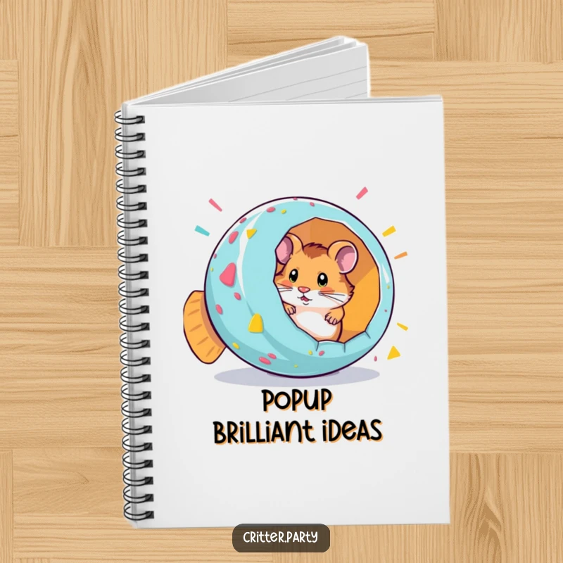 Funny notebook cover featuring a curious hamster popping out of a giant, colorful party popper, ready for notes.