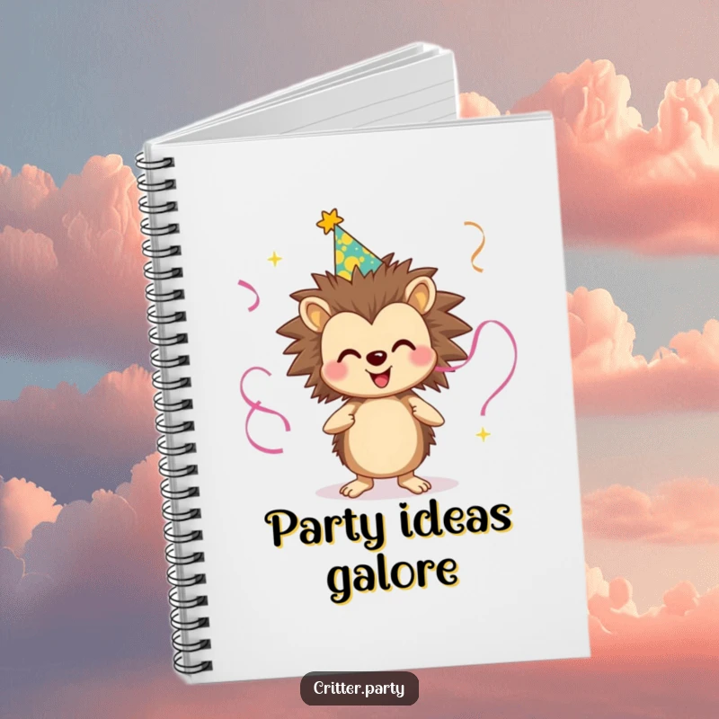 Funny notebook with a smiling hedgehog wearing a party hat and juggling streamers, ideal for jotting down notes with a festive spirit.
