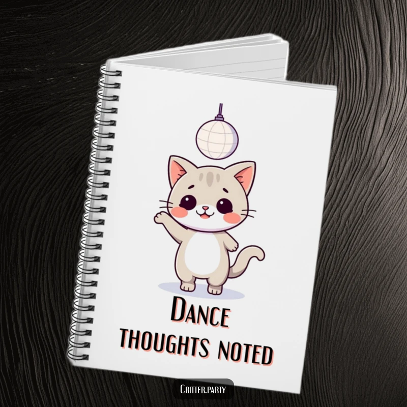 Funny kawaii cat dancing under a disco ball, a notebook for jotting down ideas and capturing creative thoughts.