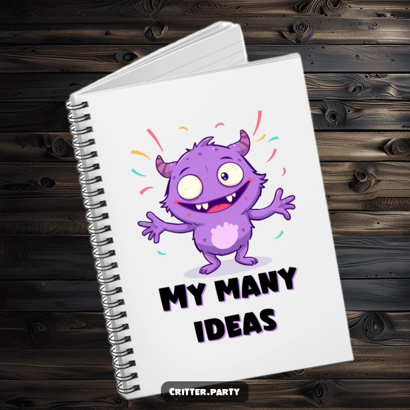 Funny purple monster notebook cover with many eyes, dancing with streamers, perfect for jotting down wild thoughts and creative ideas.