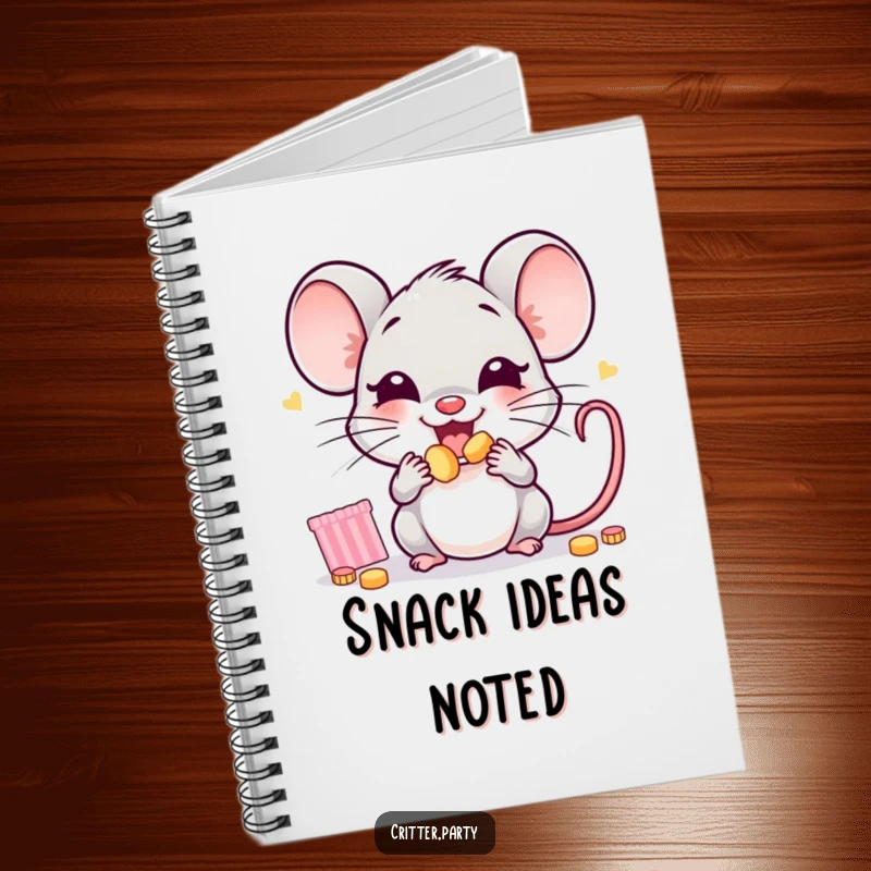 Funny mouse notebook featuring a joyful little mouse character stuffing its cheeks with tiny party snacks, ideal for notes.
