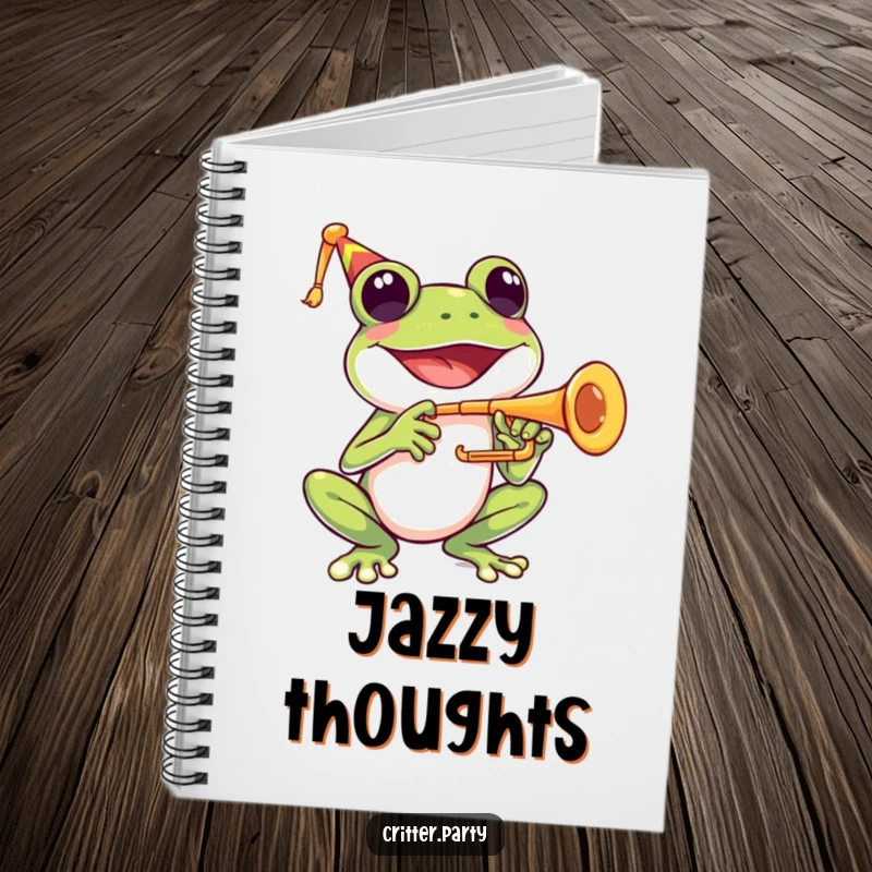 Funny notebook with a happy frog character joyfully playing a tiny trumpet with a wide smile.