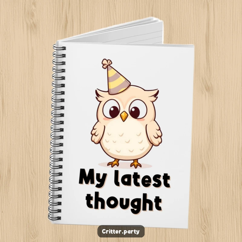 Funny owl notebook featuring a tiny owl character with a tipping party hat, looking surprised, ideal for jotting notes.