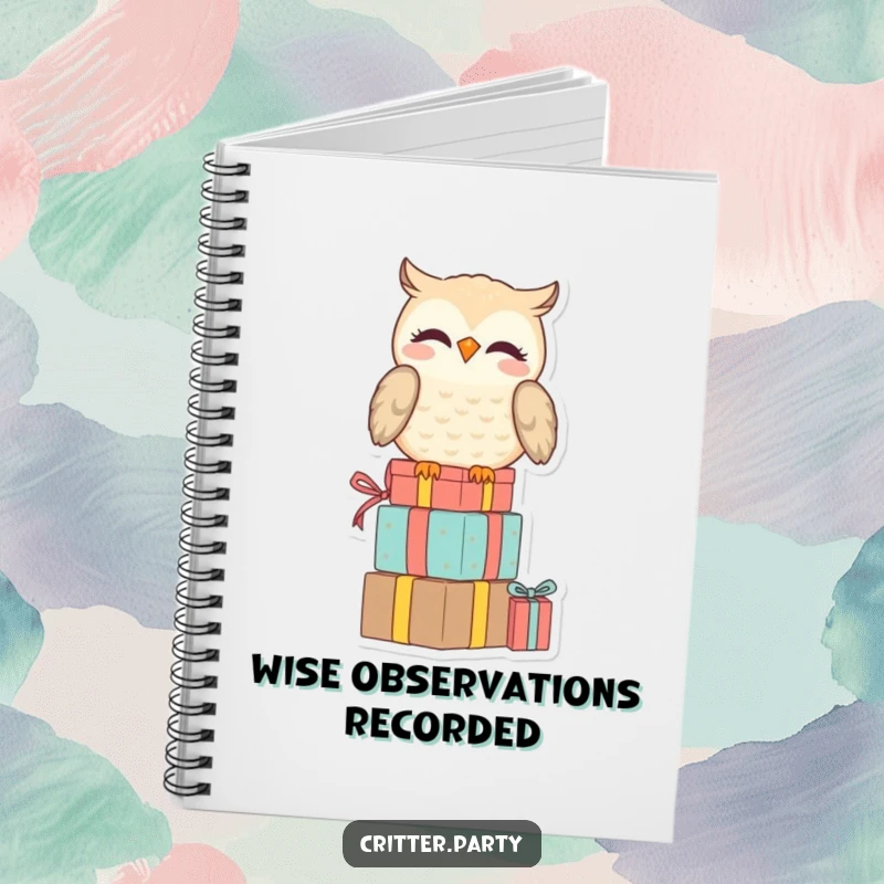 Funny notebook with a smiling owl perched on a stack of presents, looking amused, encouraging witty and clever writing.