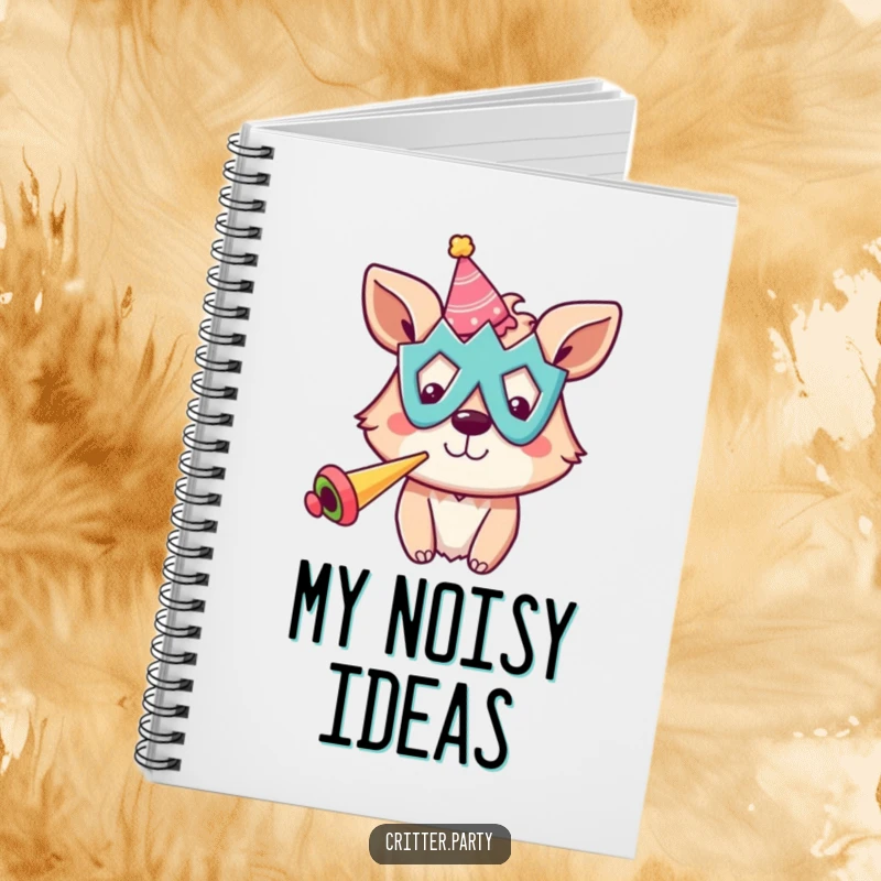 Funny notebook cover showing a cheerful animal in a silly party mask, blowing a party horn, inspiring festive thoughts.