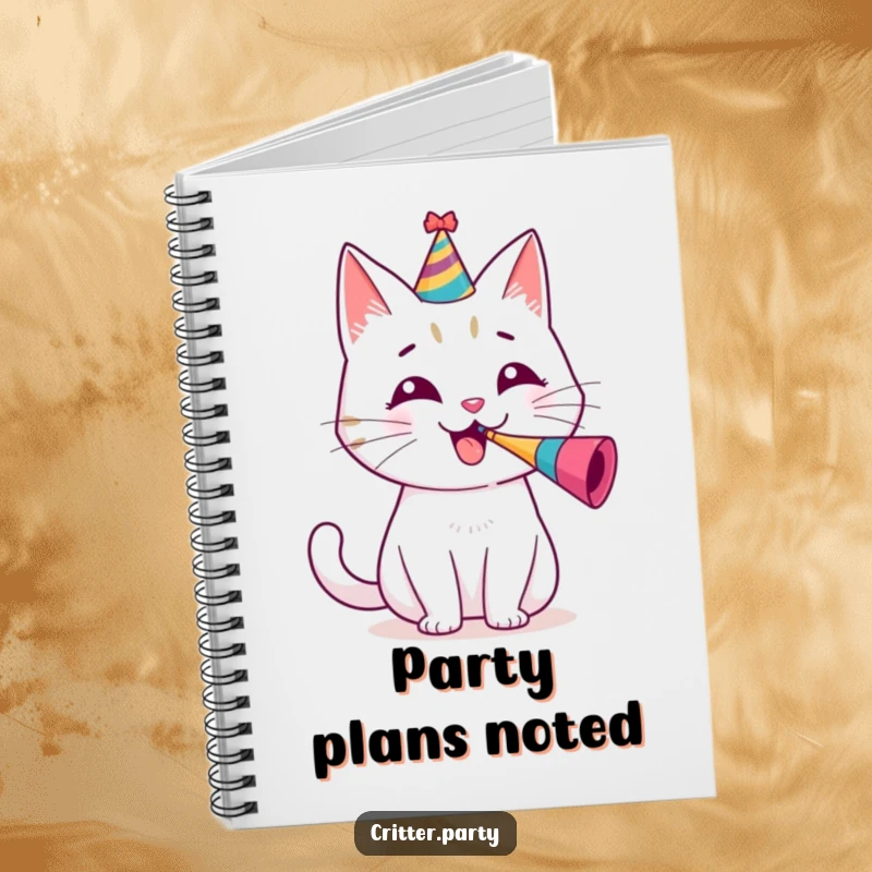 Funny notebook with a cheerful cat wearing a party hat, blowing a tiny party horn, ready for notes.