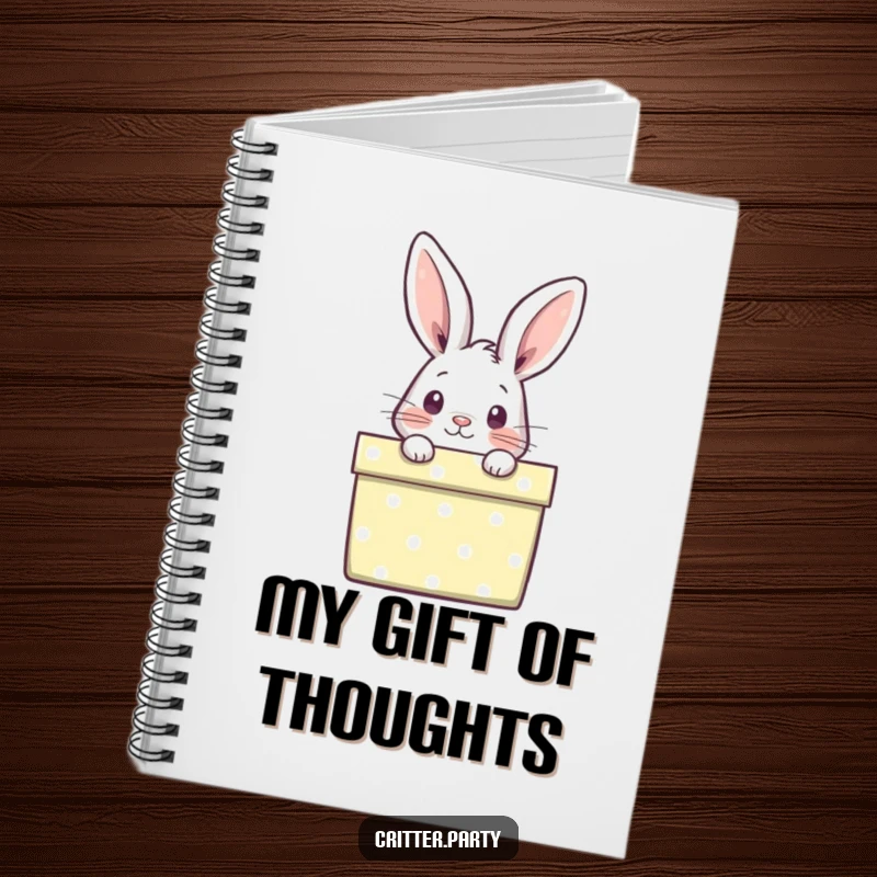 Funny notebook with a curious rabbit peeking out from a brightly wrapped gift box, encouraging cheerful and curious writing.