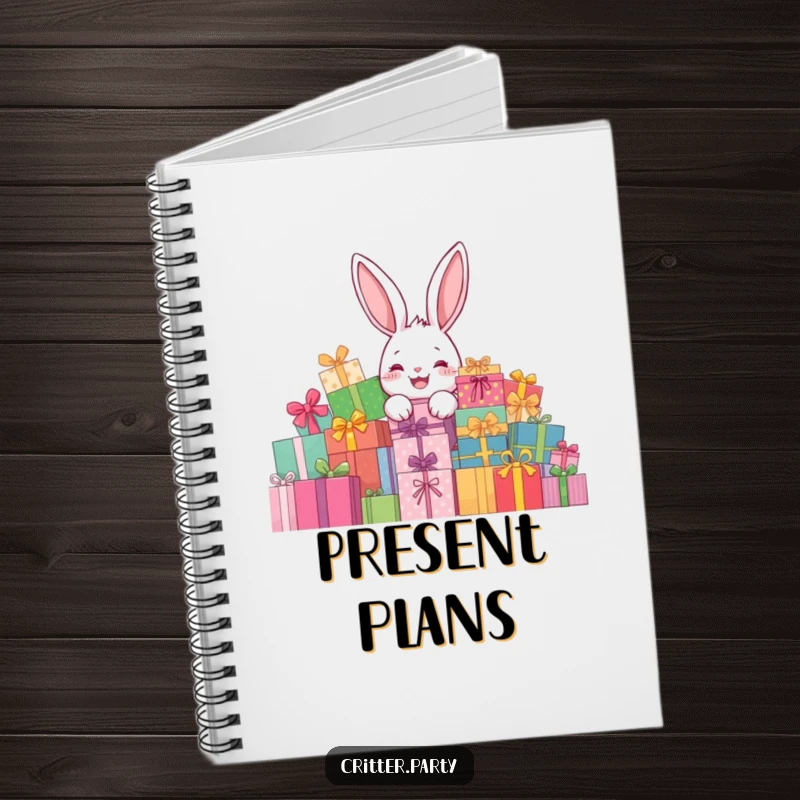 Funny rabbit present notebook featuring a delighted rabbit character peeking from behind a giant pile of presents, perfect for journaling.