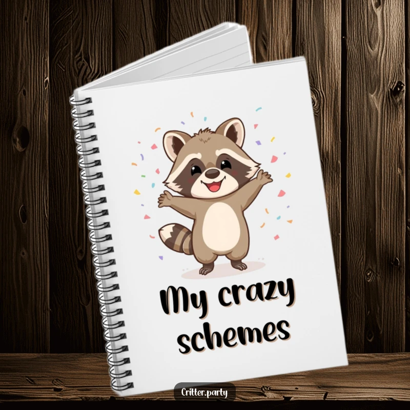 Funny notebook with a happy raccoon character dancing wildly with confetti falling, ideal for jotting down notes with a festive spirit.