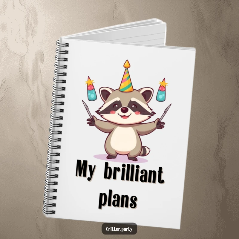 Funny notebook featuring a raccoon masterfully juggling party horns, ideal for capturing notes, ideas, and plans with a humorous touch.