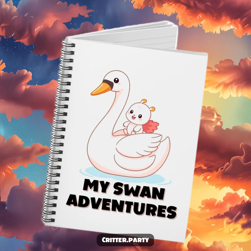 Funny notebook cover showing a small critter gleefully riding a large inflatable swan, inspiring fun and adventure.