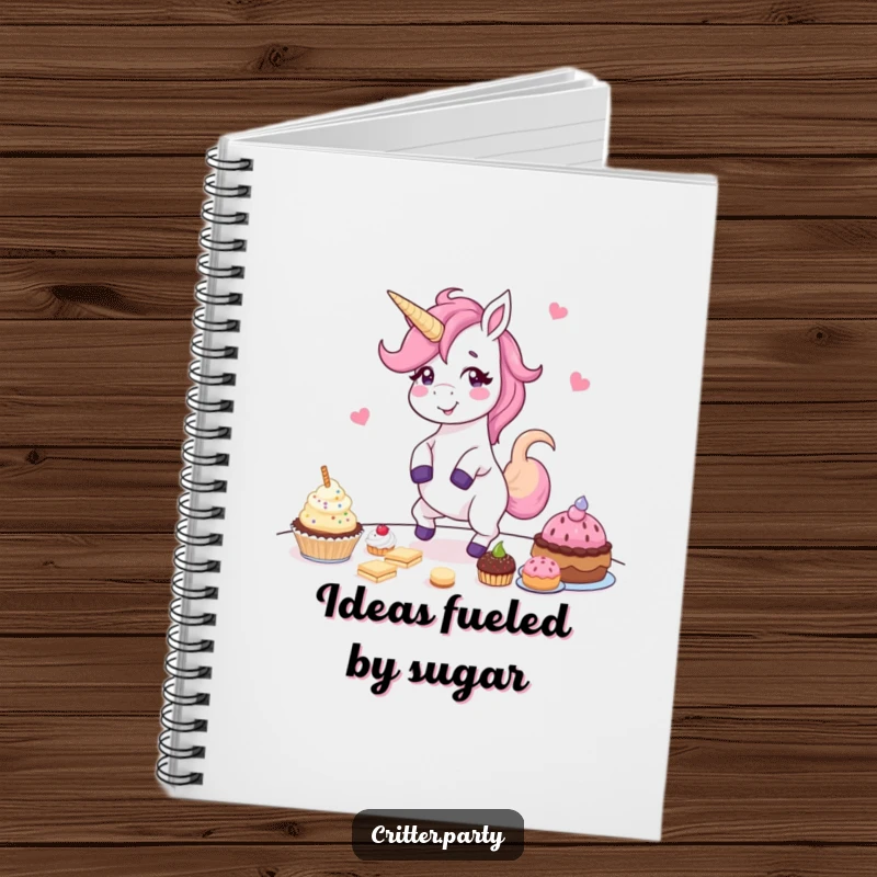 Funny notebook showcasing a giggling unicorn dancing around a table full of treats, perfect for jotting down magical ideas.