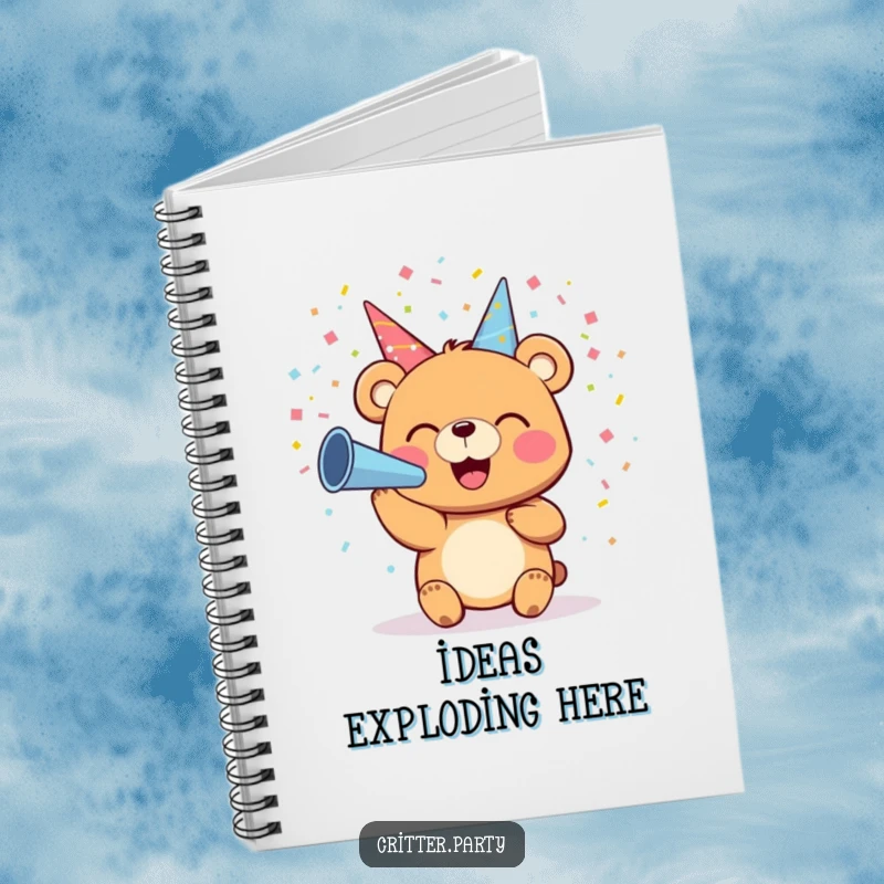 Funny notebook cover with a small bear joyfully blowing colorful confetti from a party horn, inspiring celebratory planning.
