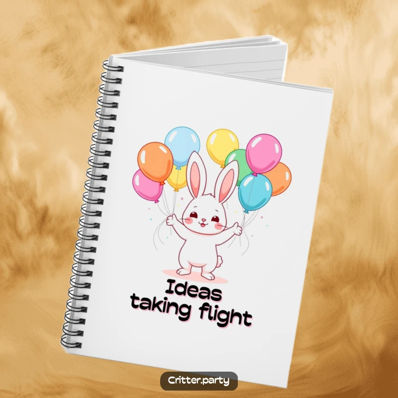 Funny kawaii bunny juggling colorful balloons at a party, a notebook for planning festive events and jotting down ideas.