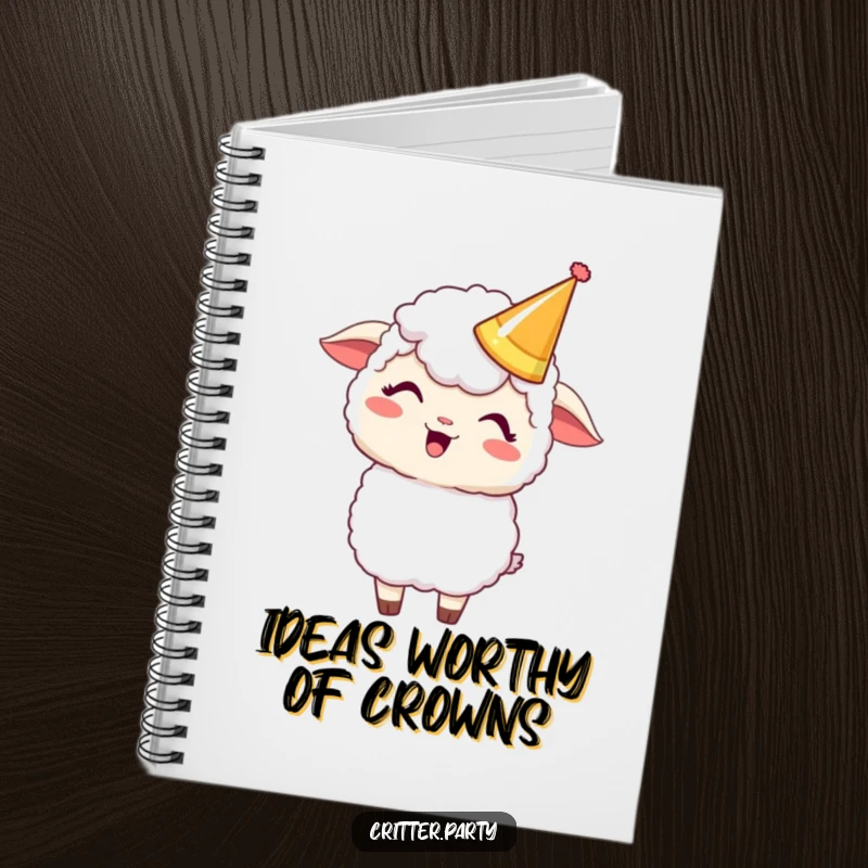 Funny Kawaii sheep wearing a party crown and giggling, inspiring laughter on the cover of this humorous notebook.