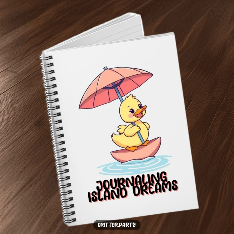 Funny duckling notebook cover with a happy duckling riding an oversized cocktail umbrella, perfect for jotting down sunny ideas.