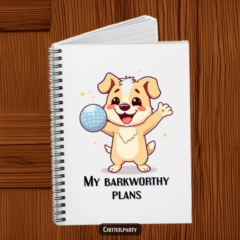 Funny dog with a wide grin, dancing with a disco ball, a cute and humorous notebook.