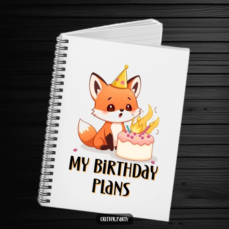 Funny red fox cub notebook cover with a party crown, looking surprised at an exploding cake, perfect for jotting down unexpected thoughts.