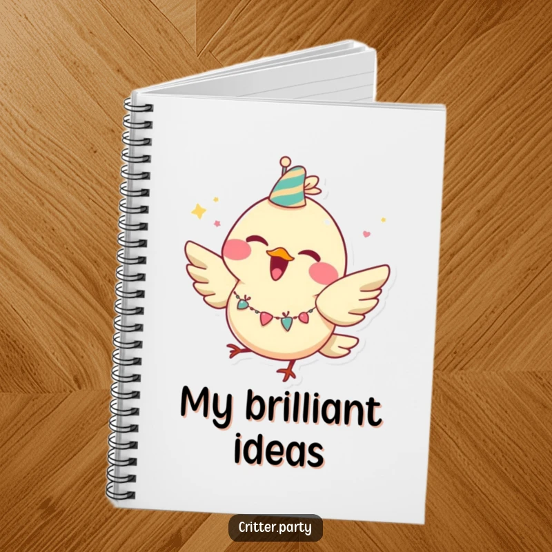 Funny bird notebook with a joyful character, huge grin, party garland, and a fluttering pose, ready for notes.
