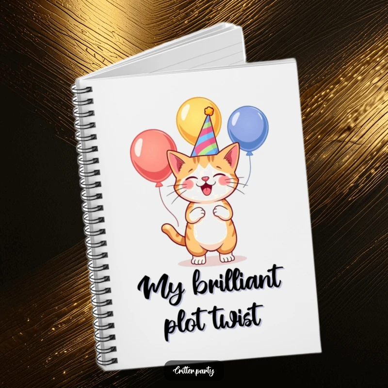 Funny cat wearing a party hat, juggling balloons, on the cover of a lined notebook for jotting down funny thoughts.