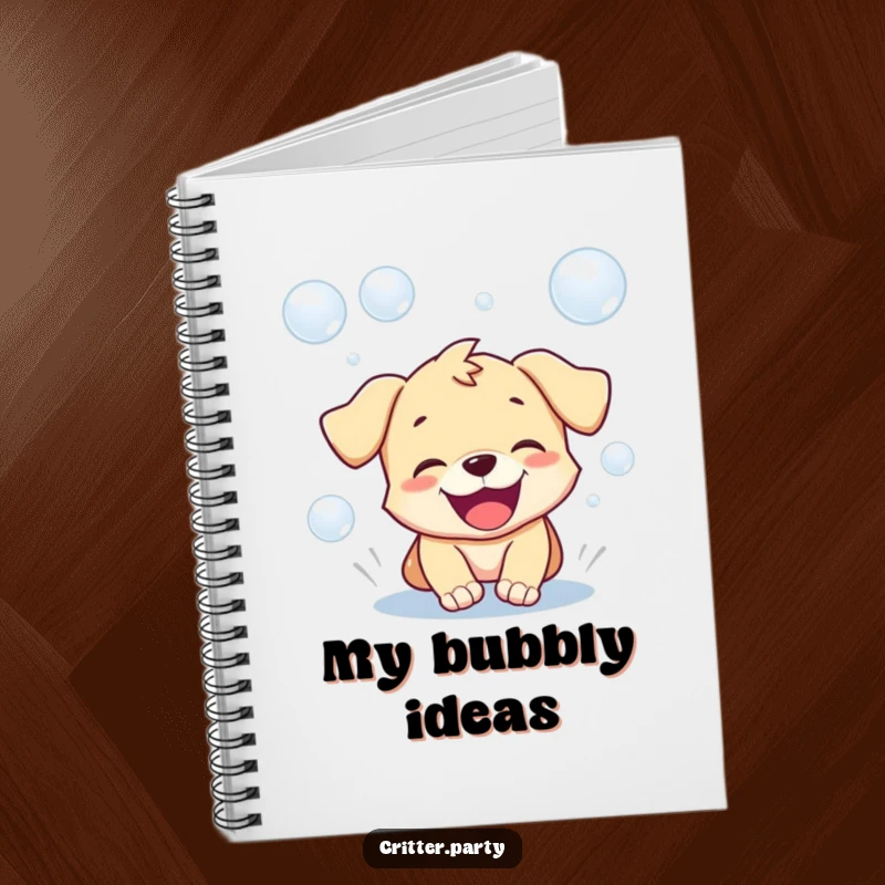 Funny notebook with a playful puppy joyfully chasing bubbles with its mouth open, ready to capture creative thoughts.