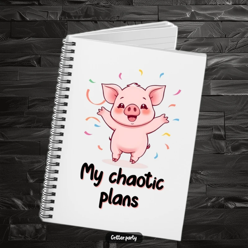 Funny Kawaii piglet twirling with streamers on the cover of this notebook, inspiring excitement and humor.