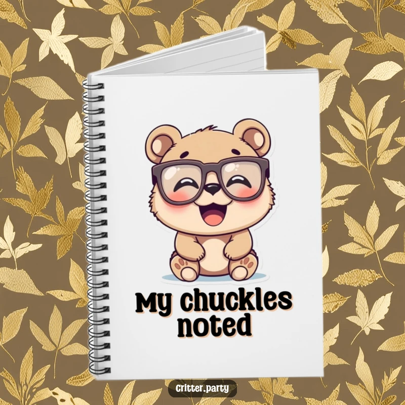 Funny bear cub with oversized novelty glasses, laughing heartily, on the cover of a notebook, perfect for jotting ideas, great funny gift.