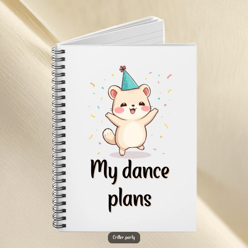 Funny notebook with a cover showing a small animal character in a party hat, dancing happily, surrounded by festive confetti.