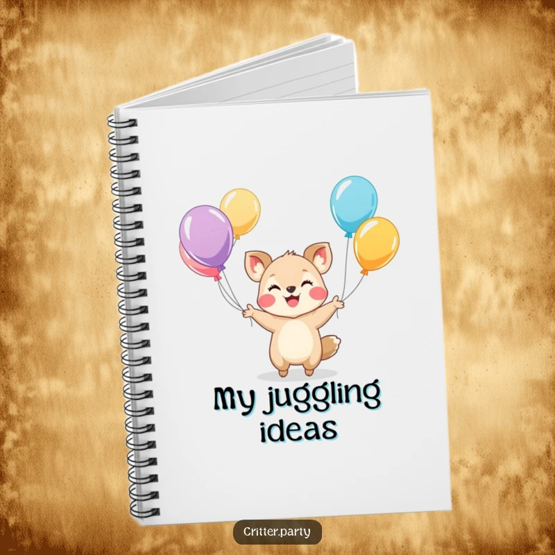 Funny notebook cover displaying a tiny, smiling animal character skillfully juggling colorful balloons, inspiring cheerful thoughts.