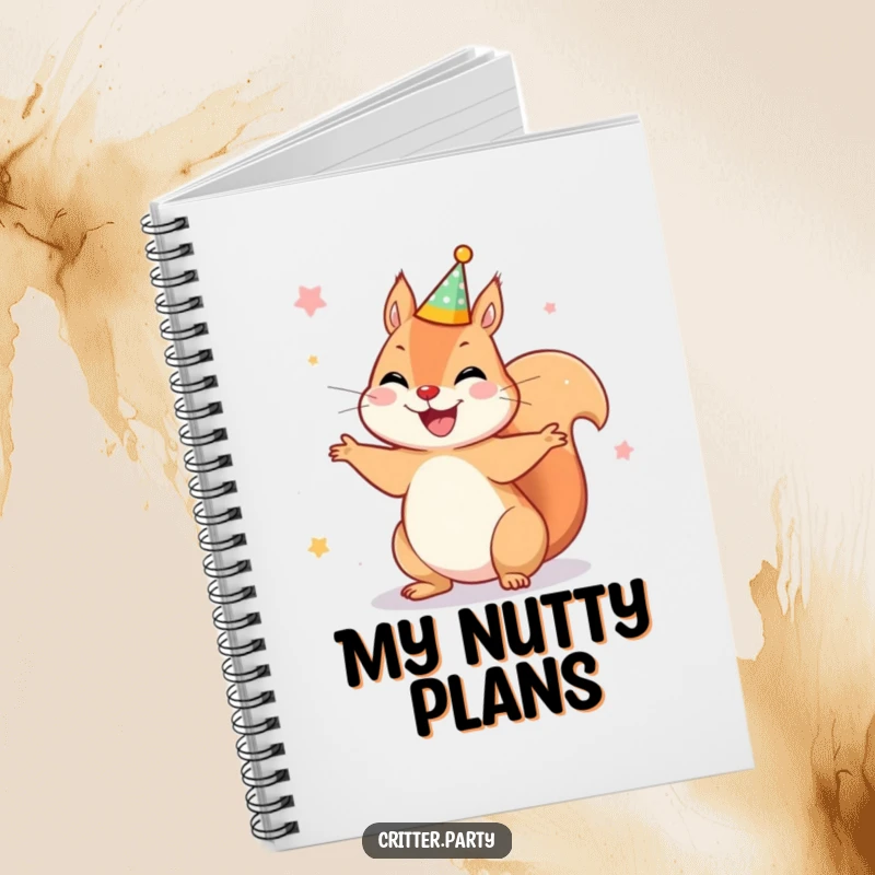 Funny notebook with a joyful squirrel wearing a tiny party crown, spinning around, encouraging cheerful and festive note-taking.