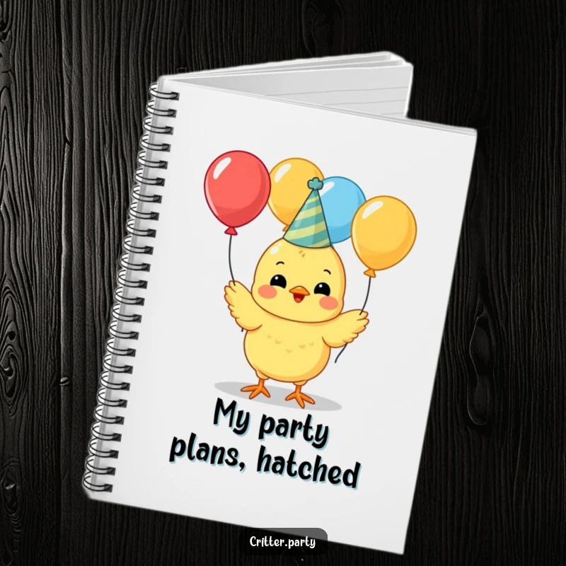 Funny cute yellow chick wearing a party hat, juggling colorful balloons on a notebook cover, perfect for jotting party ideas.