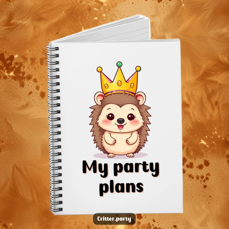 Funny Notebook: Happy hedgehog character wearing a festive party crown, for noting celebrations.