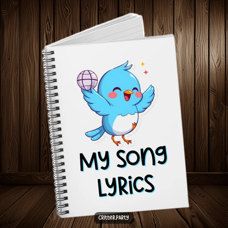 Funny blue bird notebook cover holding a tiny disco ball, dancing with joy, perfect for jotting down creative and happy thoughts.