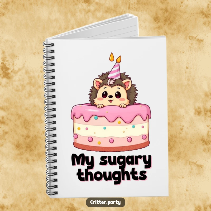 Funny notebook with a curious hedgehog peeking from a giant birthday cake, ready to document surprising thoughts.